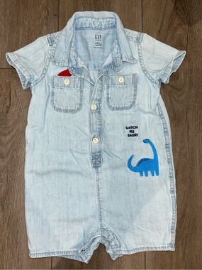 GAP Light Blue Denim Baby Romper with Blue Dinosaur Patch